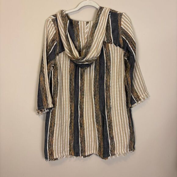 Soft Surrondings Brown & White Striped Hooded 3/4 Length Sleeve Pullover Top Sma - Picture 2 of 8